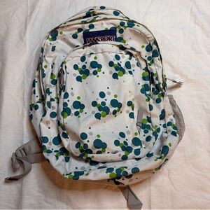 JanSport full-size backpack with a white, green, and blue polka dot pattern